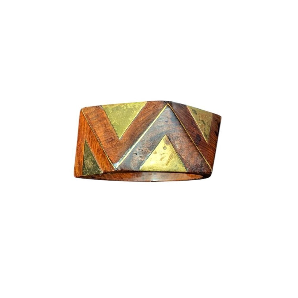 Vintage Dark Wood Brass Inlay Bangle Bracelet‎ MCM Boho Geometric Chunky Wide